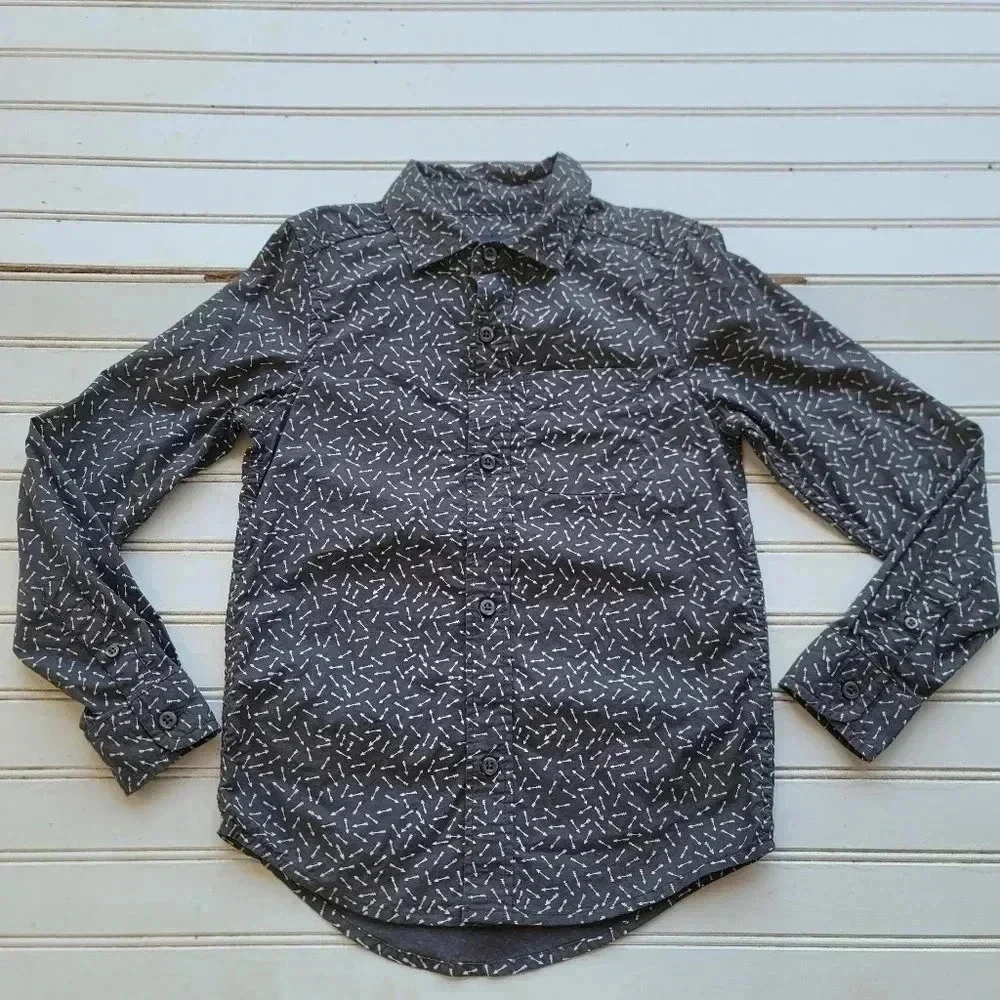 Place Button Up Shirt Boys Small 5-6 Arrow Print Long Sleeve Gray White Cotton